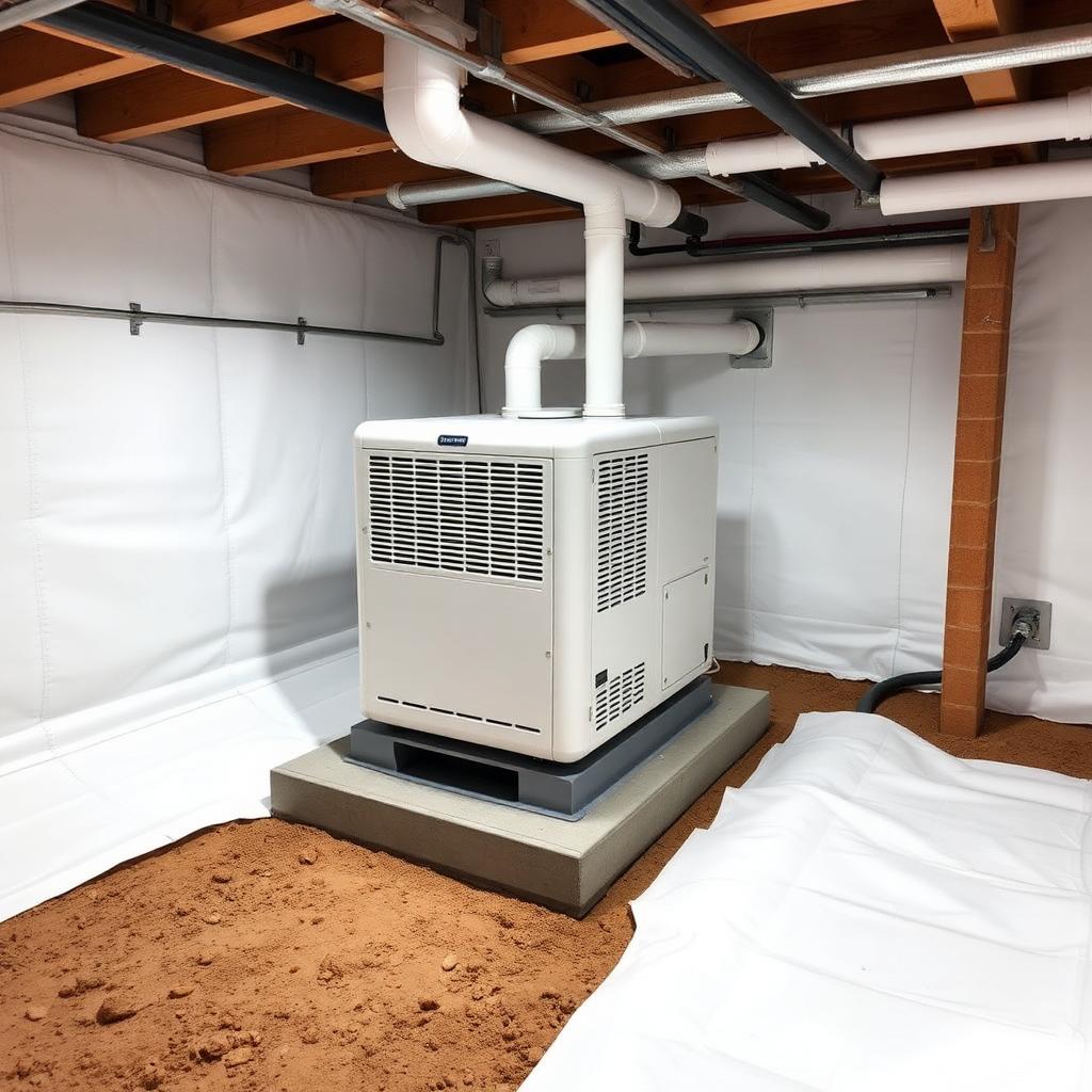 Crawlspace dehumidifier installed on a leveling pad inside an encapsulated crawlspace