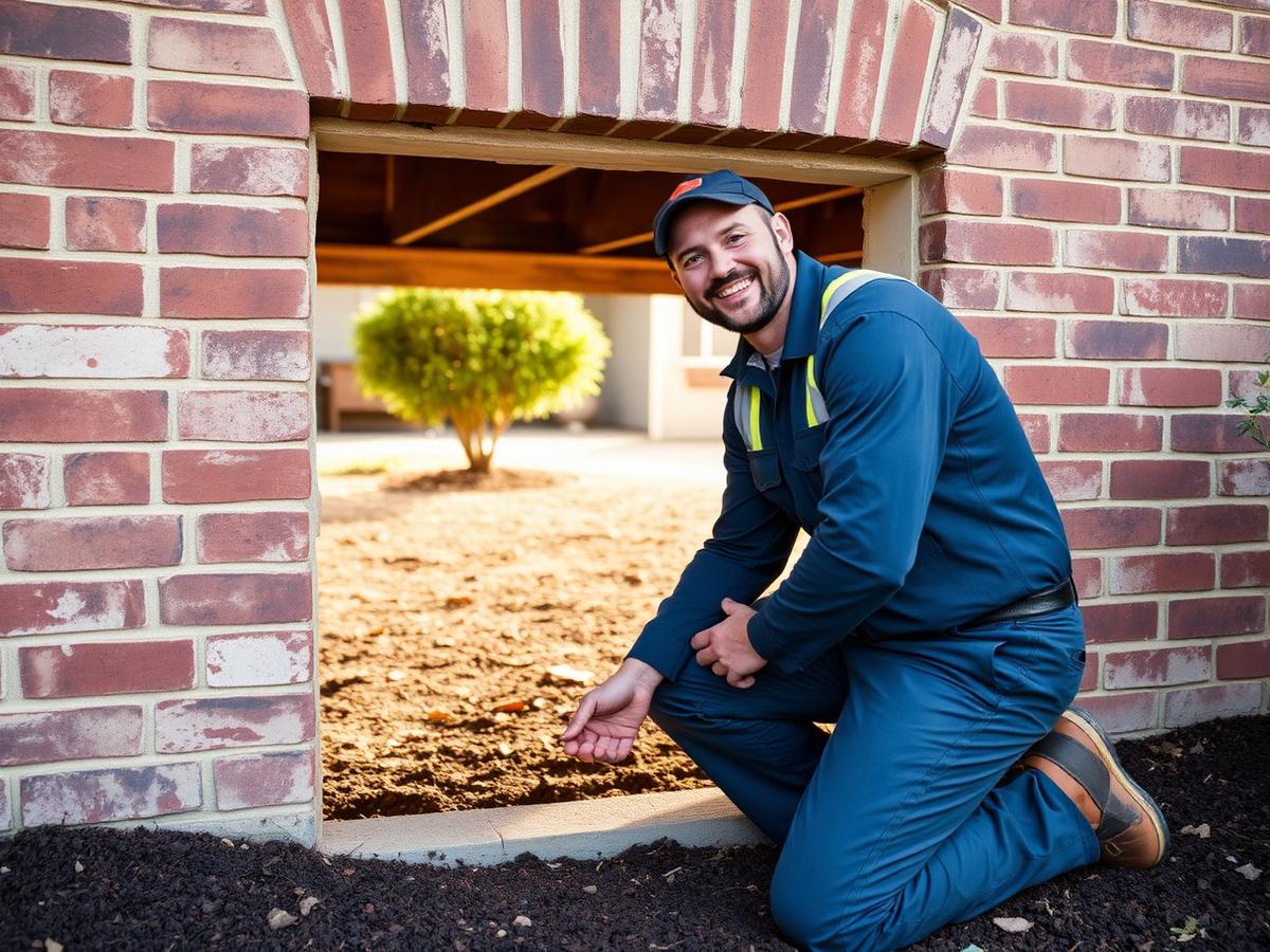 Technician inspecting a crawlspace access door at a brick home